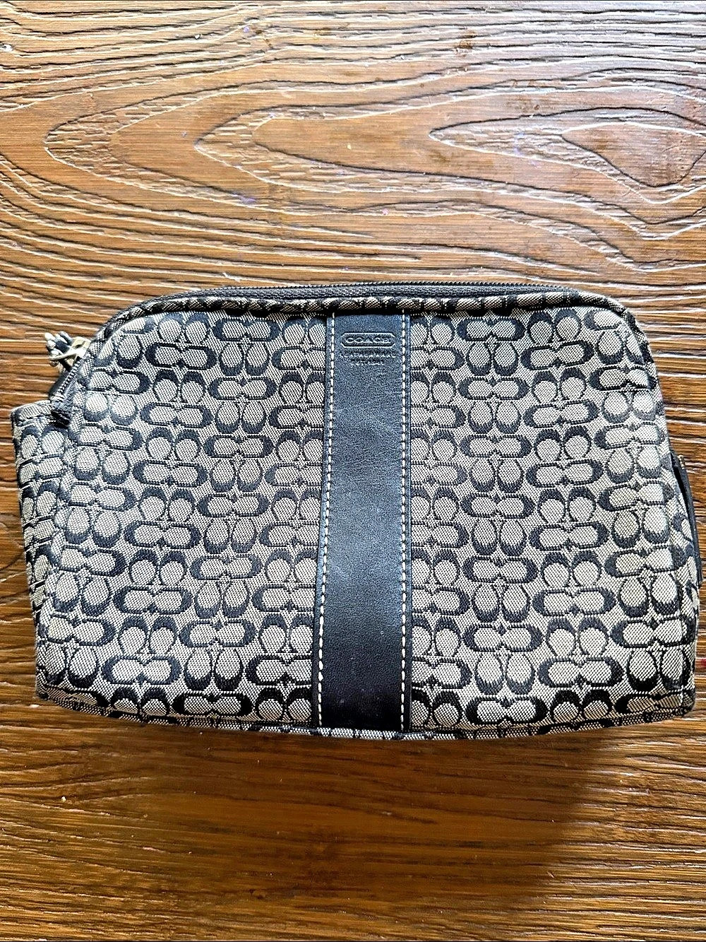 Coach Signature Stripe Cosmetic Case in Black & Gray